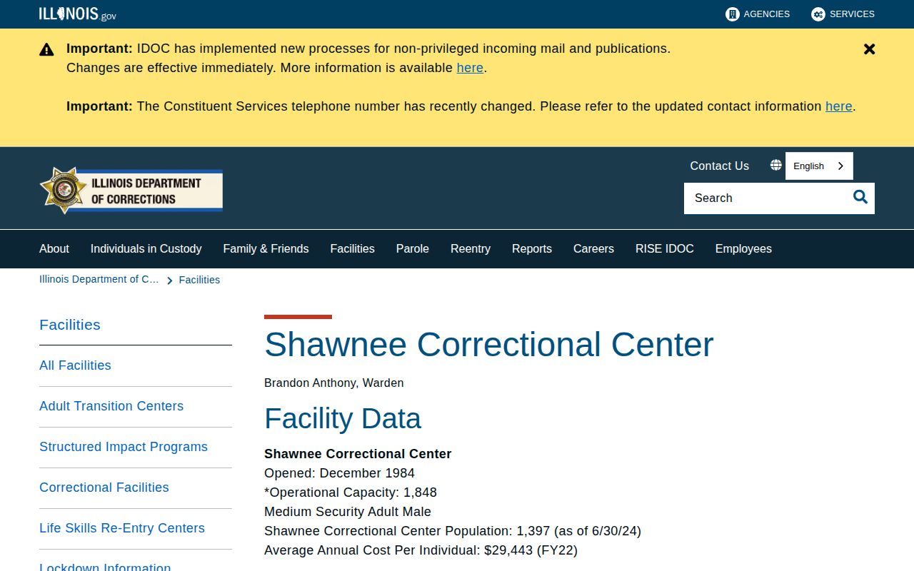 Shawnee Correctional Center official IDOC release and facility page