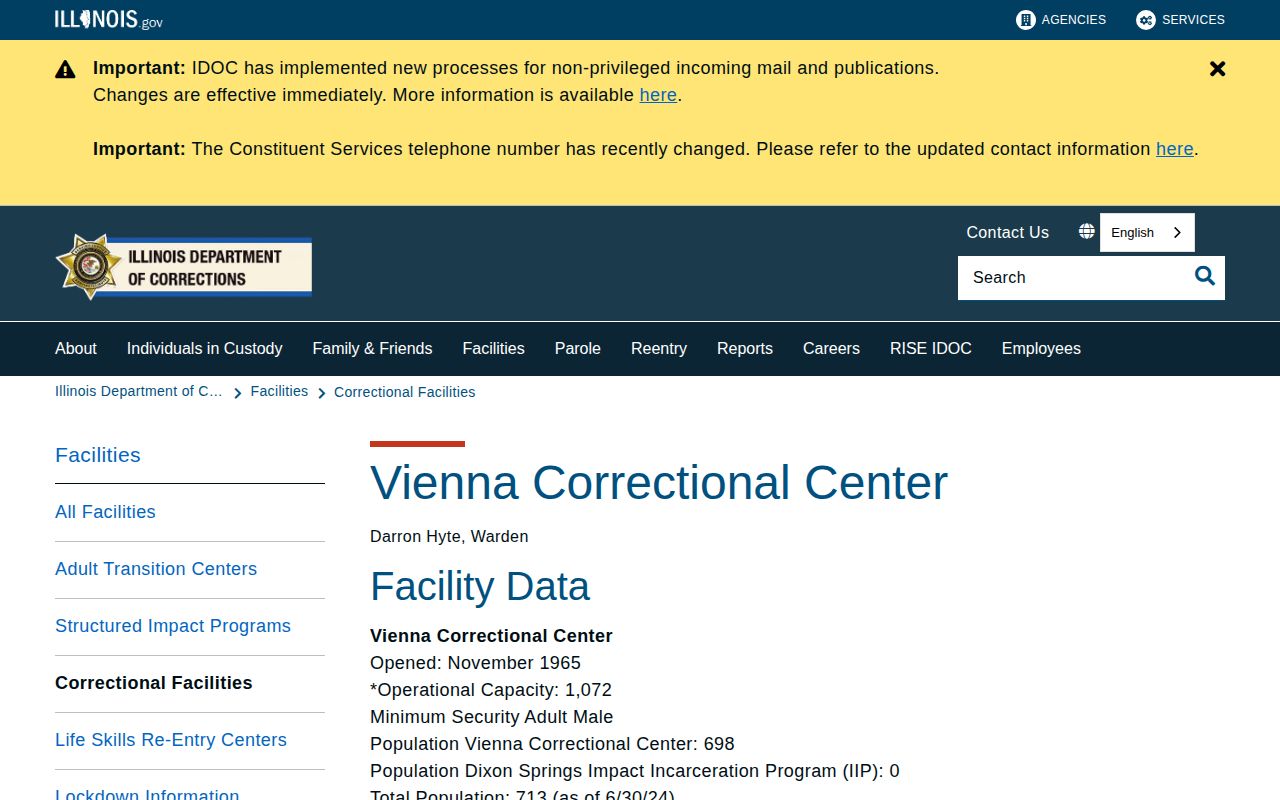 Vienna Correctional Center official IDOC release and facility page
